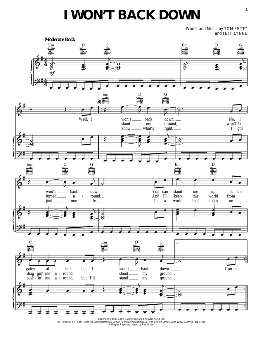 I Won't Back Down Piano, Vocal, Guitar scores gallery preview page 1