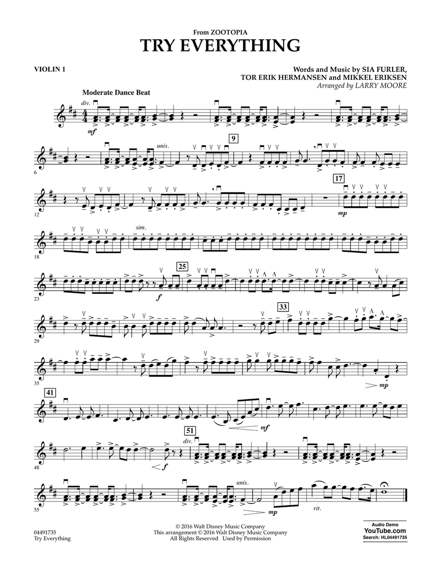 Try Everything (from Zootopia) - Violin 1 Orchestra scores gallery preview page 1