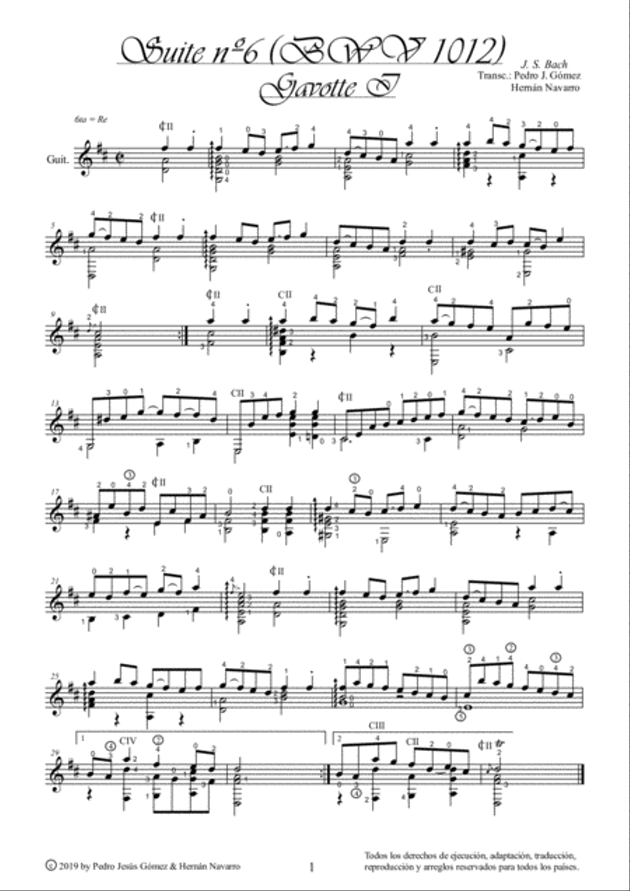 J.S. Bach Gavotte I BWV 1012-6th. suite cello guitar arr.: P.J. Gómez & H. Navarro edition Classical Guitar scores gallery preview page 1