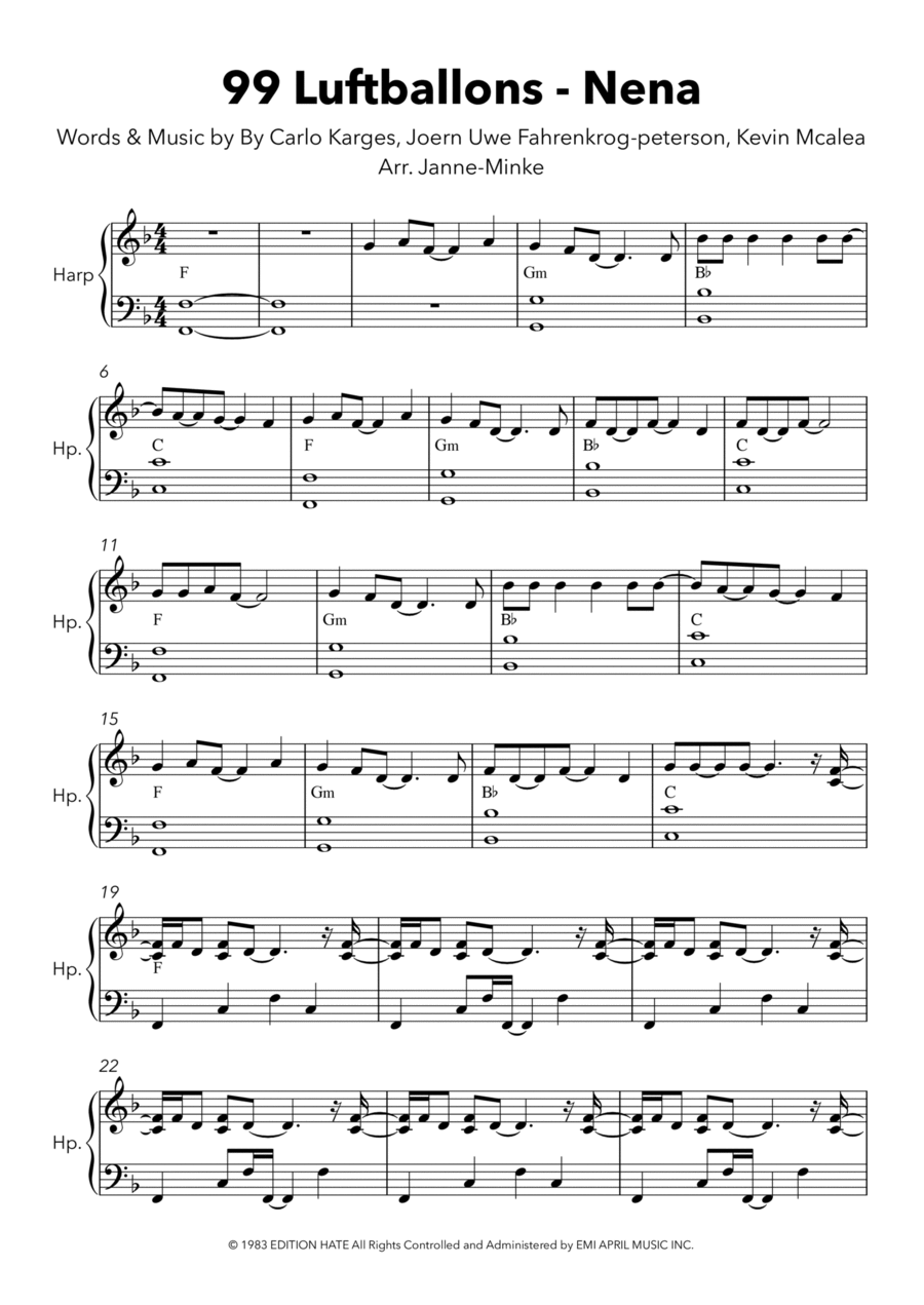99 Red Balloons (99 Luftballons) Harp scores gallery preview page 1