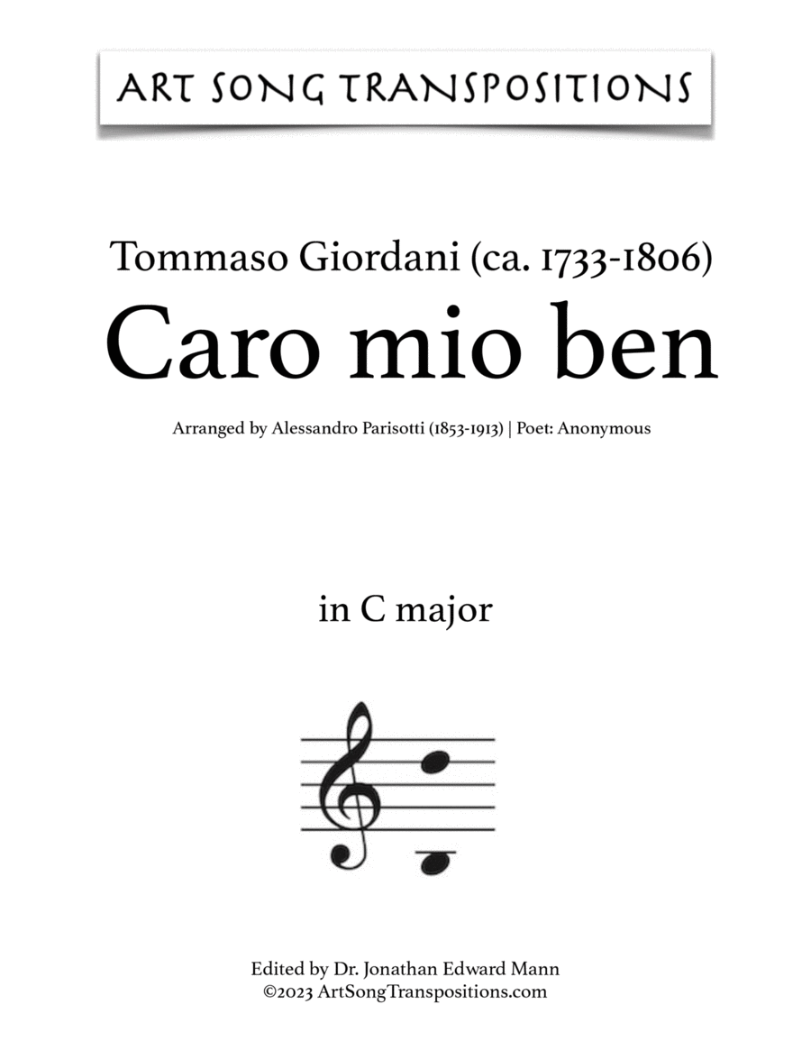 GIORDANI: Caro mio ben (transposed to C major) Voice scores gallery preview page 1