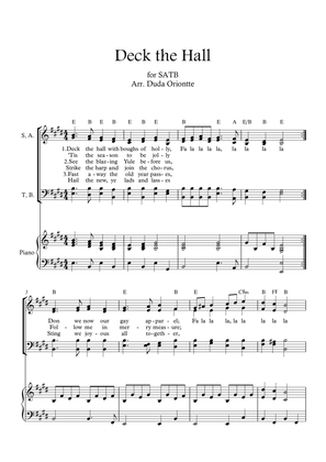 Deck the Halls ( SABT - E major - two staff - with chords - with piano)