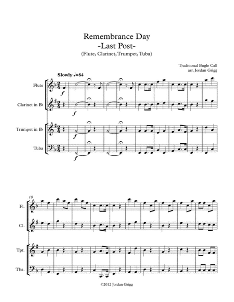 Remembrance Day. 'Last Post' (Flute, Clarinet, Trumpet, Tuba) Small Ensemble scores gallery preview page 1