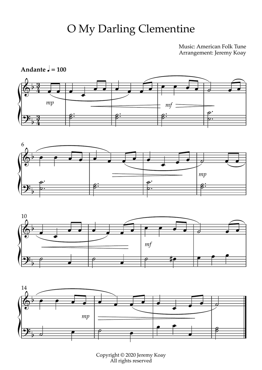 O My Darling Clementine (beginner and early intermediate - solo piano) Easy Piano scores gallery preview page 1