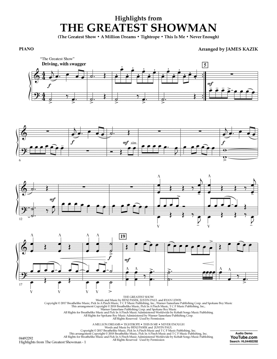 Highlights from The Greatest Showman (arr. James Kazik) - Piano String Orchestra scores gallery preview page 1