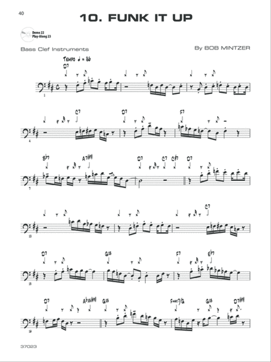 12 Medium-Easy Jazz, Blues & Funk Etudes Bass Clef Instrument scores gallery preview page 4