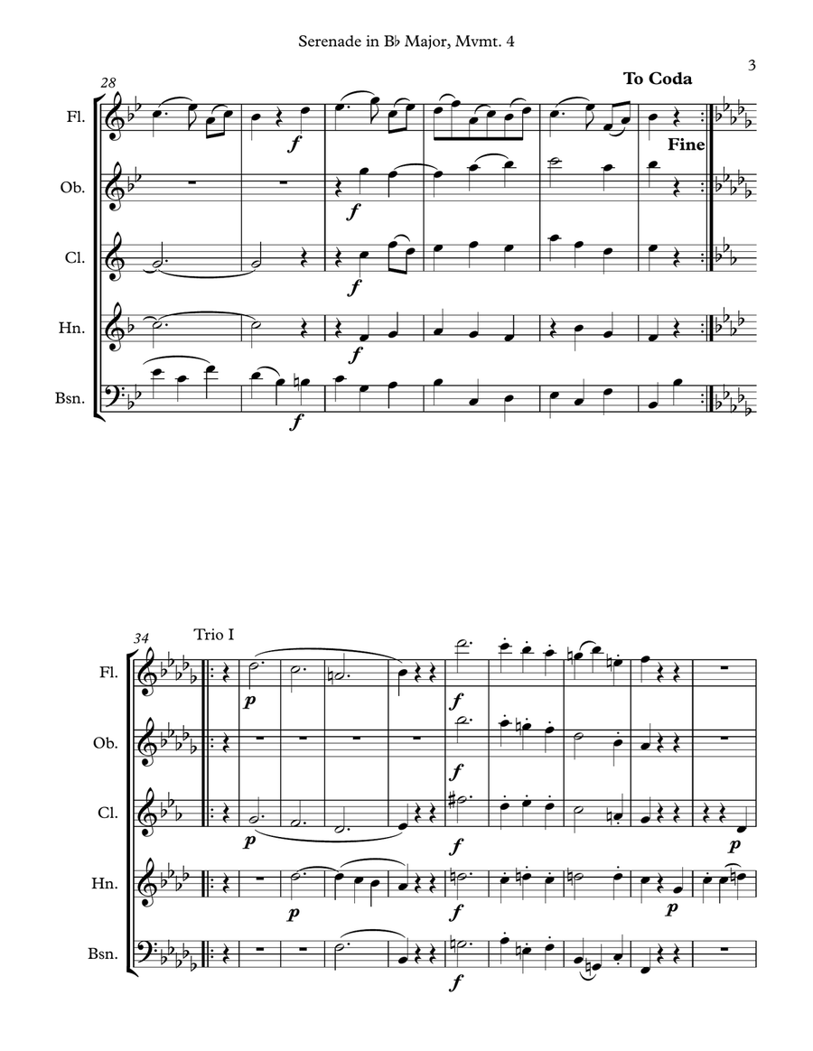 Mozart: Serenade in Bb Major, K. 361 (Gran Partita) for Wind Quintet Mvmt. 4 (Menuetto II) Woodwind Quintet scores gallery preview page 3