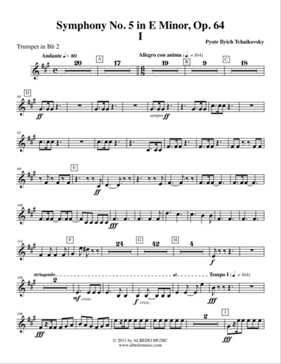 ‪Tchaikovsky‬ Symphony No. 5, Movement I - Trumpet in Bb 2 (Transposed Part), Op. 64 B-Flat Trumpet scores gallery preview page 1