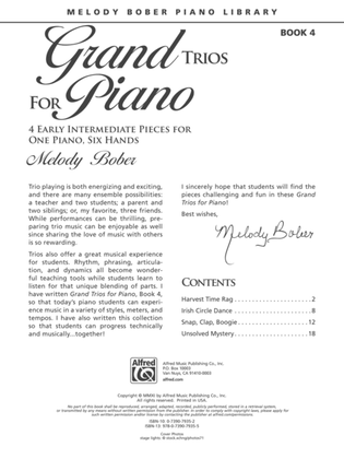 Book cover for Grand Trios for Piano, Book 4: 4 Early Intermediate Pieces for One Piano, Six Hands