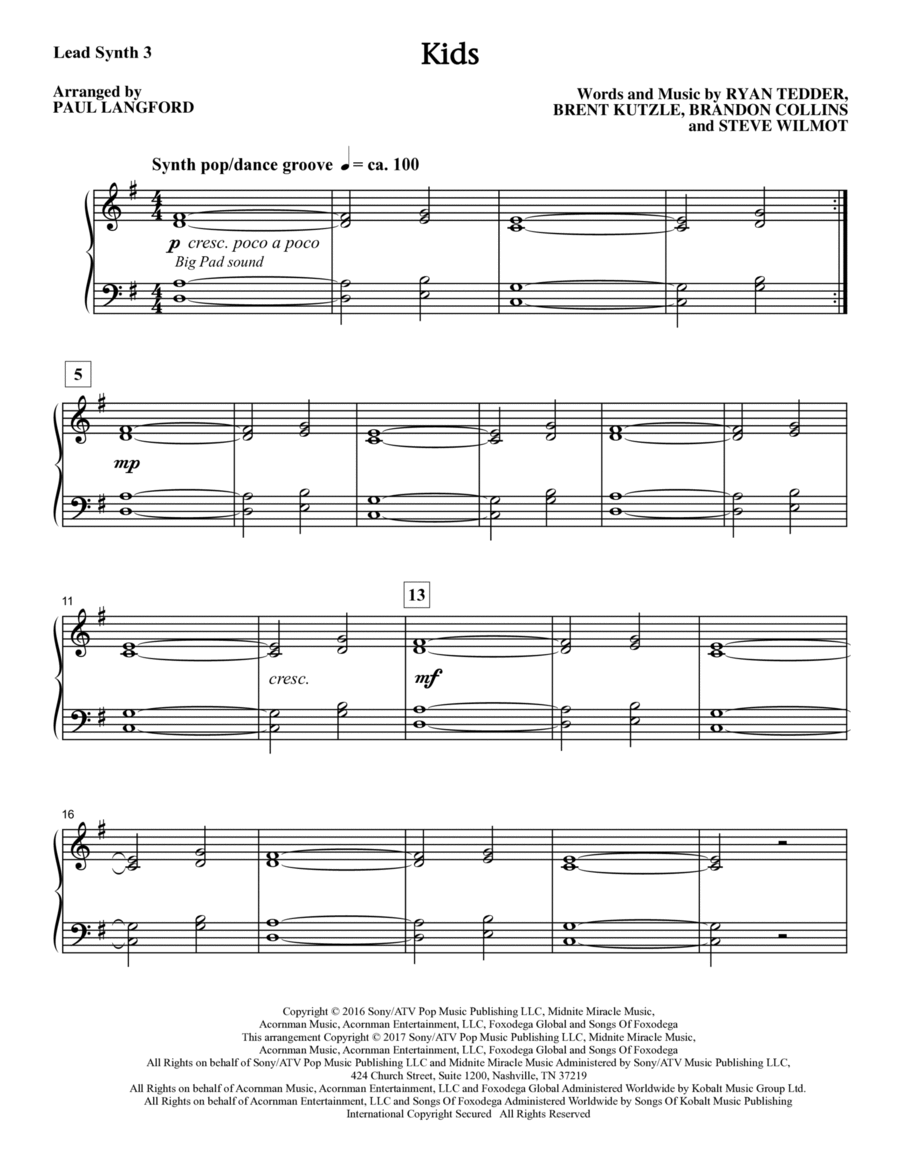 Kids (arr. Paul Langford) - Synthesizer III Choir scores gallery preview page 1