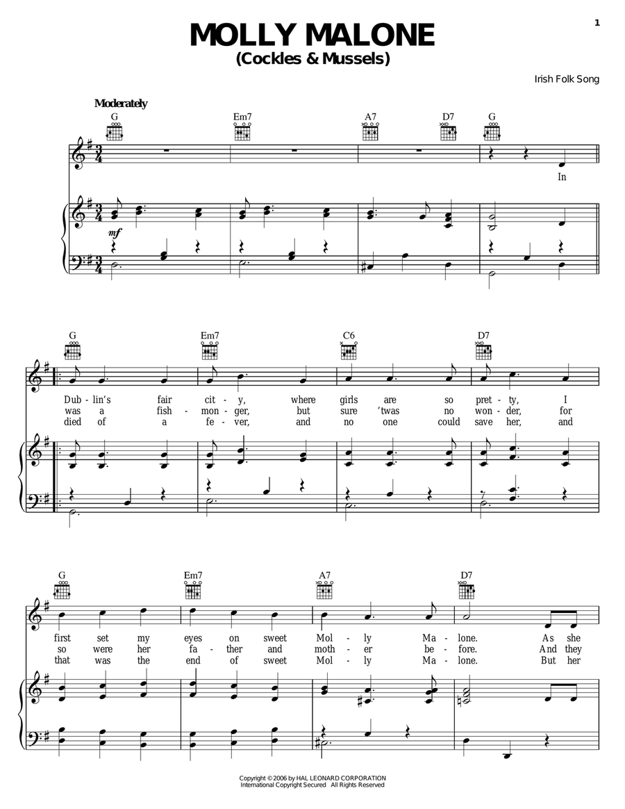 Molly Malone (Cockles & Mussels) Piano, Vocal, Guitar scores gallery preview page 1