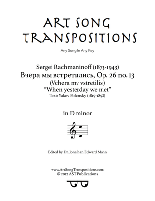 Book cover for RACHMANINOFF: Вчера мы встретились, Op. 26 no. 13 (transposed to D minor)