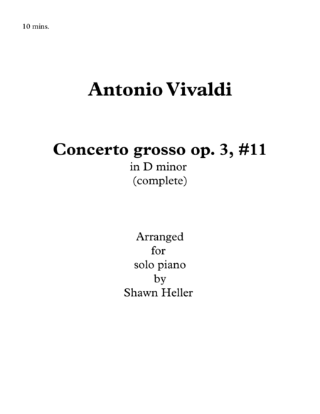 Concerto grosso, op. 3, #11 in D minor, RV565, (complete) Piano Solo arr. Shawn Heller image number null