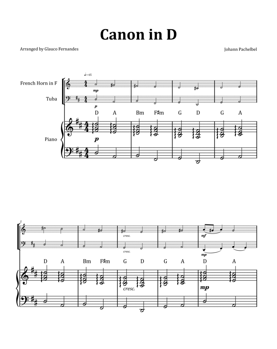 Canon by Pachelbel - Horn and Tuba Duet with Piano and Chord Notation image number null