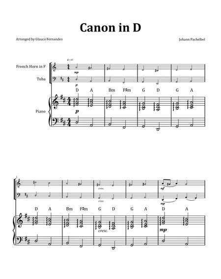Canon by Pachelbel - Horn and Tuba Duet with Piano and Chord Notation image number null