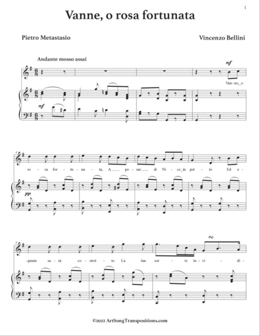 BELLINI: Vanne, o rosa fortunata (transposed to 7 keys: G, G-flat, F, E, E-flat, D, D-flat major) Voice scores gallery preview page 2