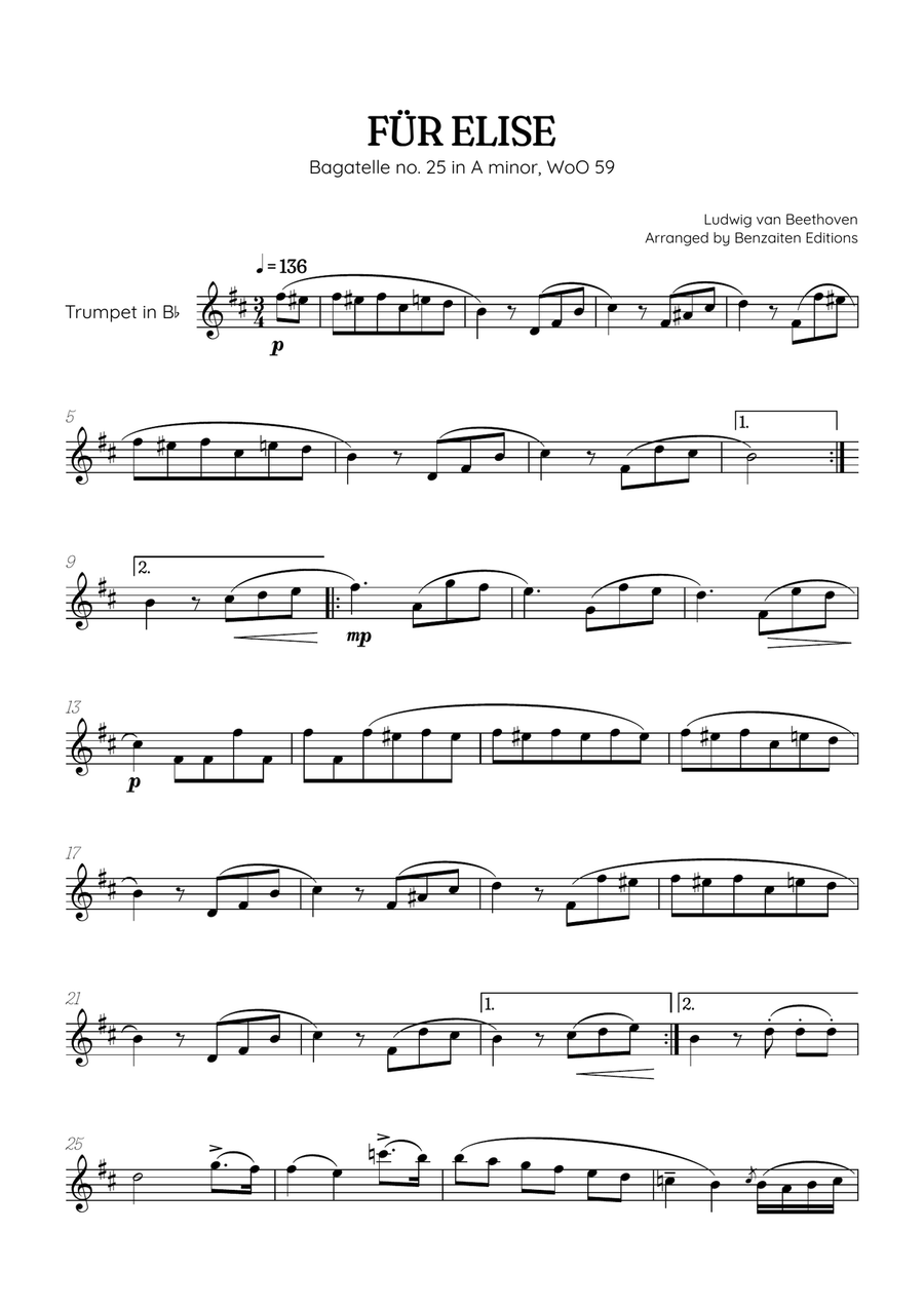 Beethoven • Für Elise / Pour Elise • trumpet sheet music B-Flat Trumpet scores gallery preview page 1