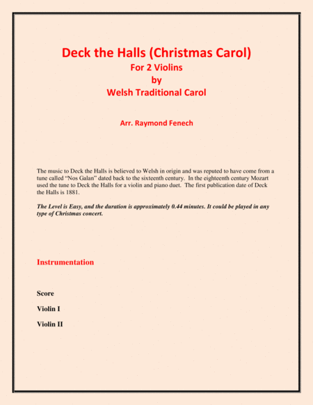 Deck the Halls - Welsh Traditional - Chamber music - 2 Violins Easy level image number null