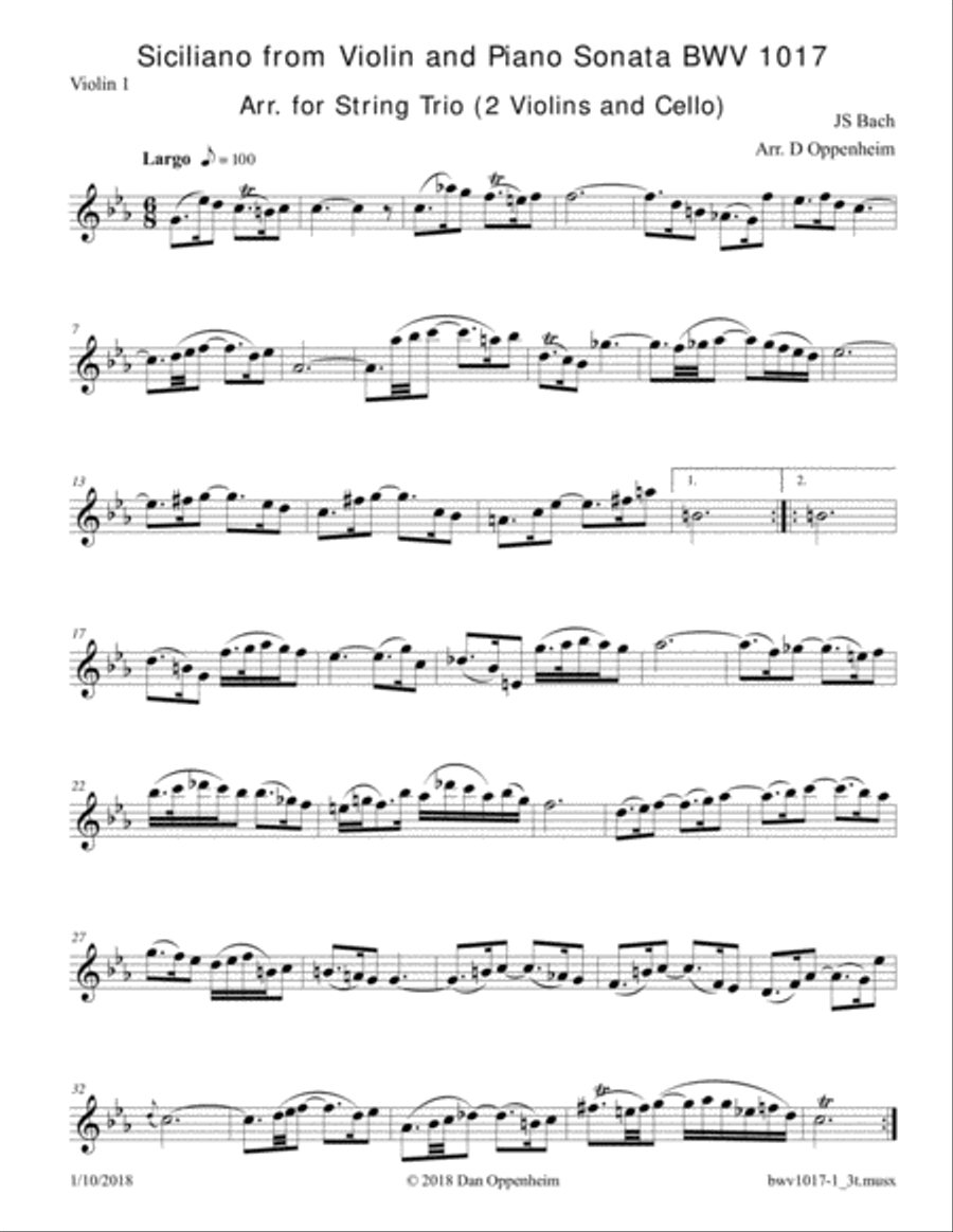 Bach: Violin and Piano Sonata BWV 1017, First Movement (Siciliano) Arr. for 2 Violins and Cello String Trio scores gallery preview page 5