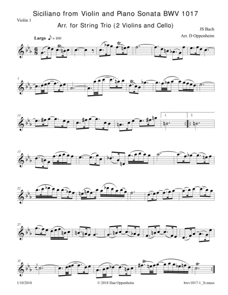 Bach: Violin and Piano Sonata BWV 1017, First Movement (Siciliano) Arr. for 2 Violins and Cello image number null