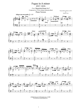 Book cover for Bach - Fuga in A minor BWV 1003b - Piano version