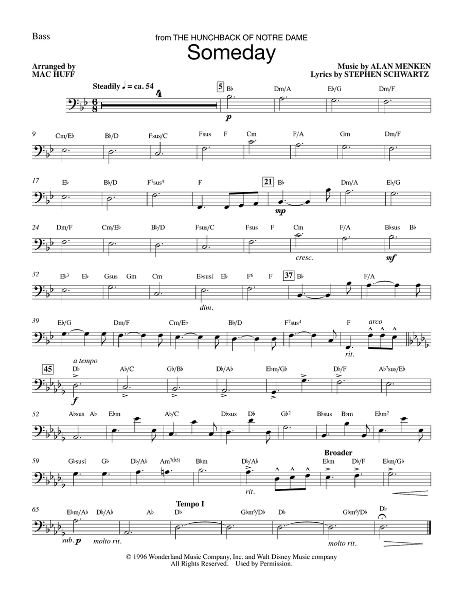 Someday (from The Hunchback Of Notre Dame) (arr. Mac Huff) - String Bass/Opt. Electric Bass