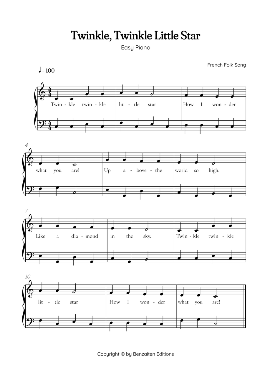 Twinkle, Twinkle Little Star • Easy piano music sheet in PDF Piano Method scores gallery preview page 1
