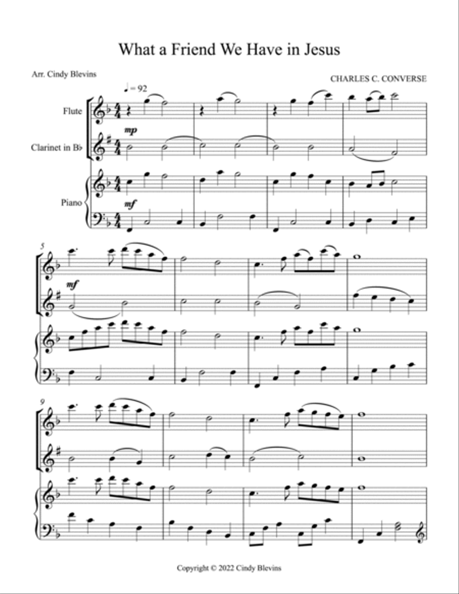 What A Friend We Have In Jesus, Piano, Flute and Clarinet Woodwind Duet scores gallery preview page 2