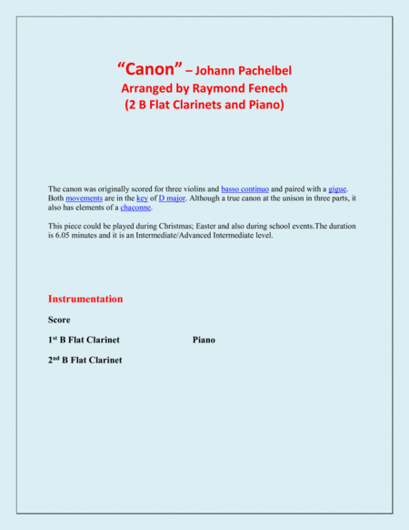 Canon - Johann Pachebel - 2 B Flat Clarinets and Piano - Intermediate/Advanced Intermediate level image number null