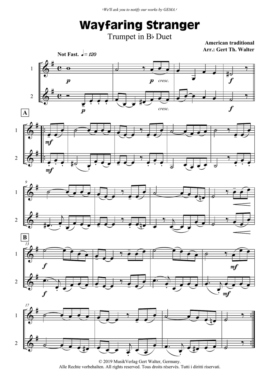 Wayfaring Stranger Wayfaring Stranger Trumpet Duet scores gallery preview page 1