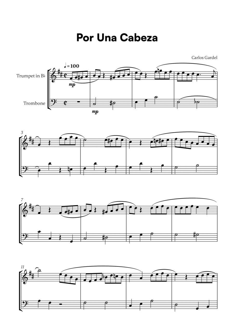 Carlos Gardel - Por Una Cabeza for Trumpet in Bb and Trombone Brass Duet scores gallery preview page 1