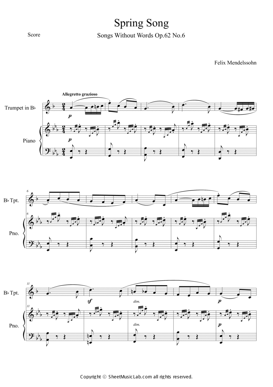 Lieder ohne Worte Op.62 No.6 in Eb Trumpet Solo scores gallery preview page 1