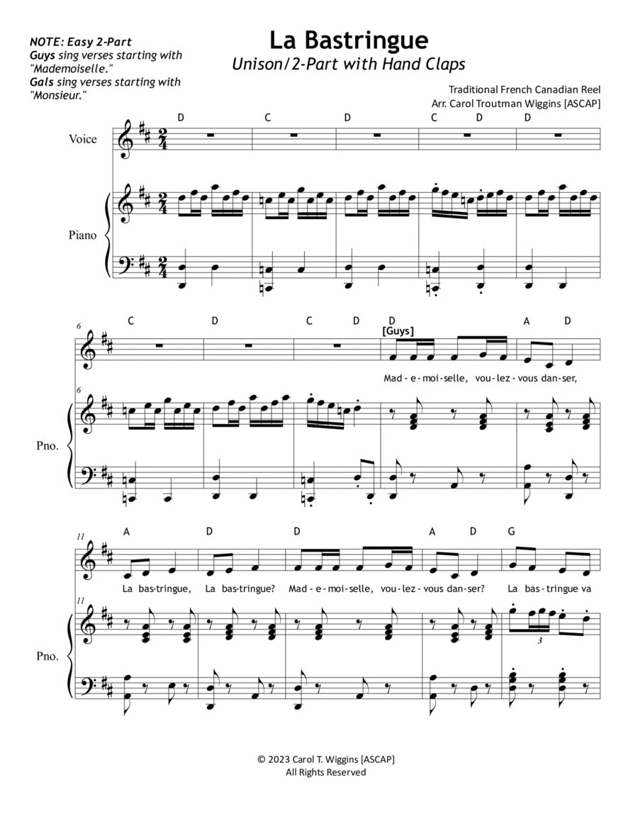 La Bastringue (Unison/2-Part with Hand Claps) Unison Choir scores gallery preview page 1