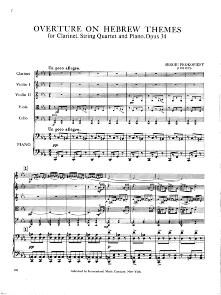 Overture On Hebrew Themes, Opus 34 For Clarinet, String Quartet & Piano (Parts)