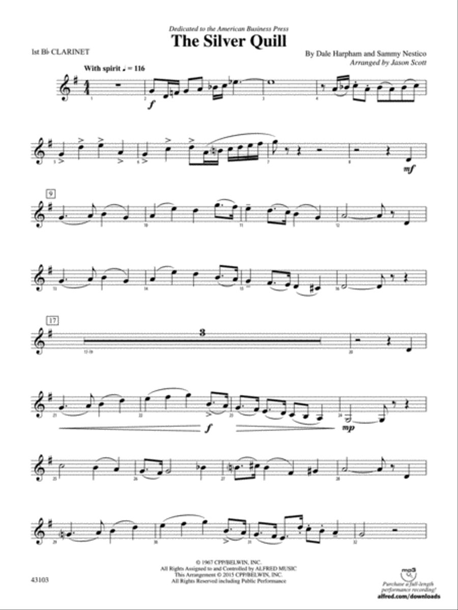 The Silver Quill: 1st B-flat Clarinet Concert Band scores gallery preview page 1