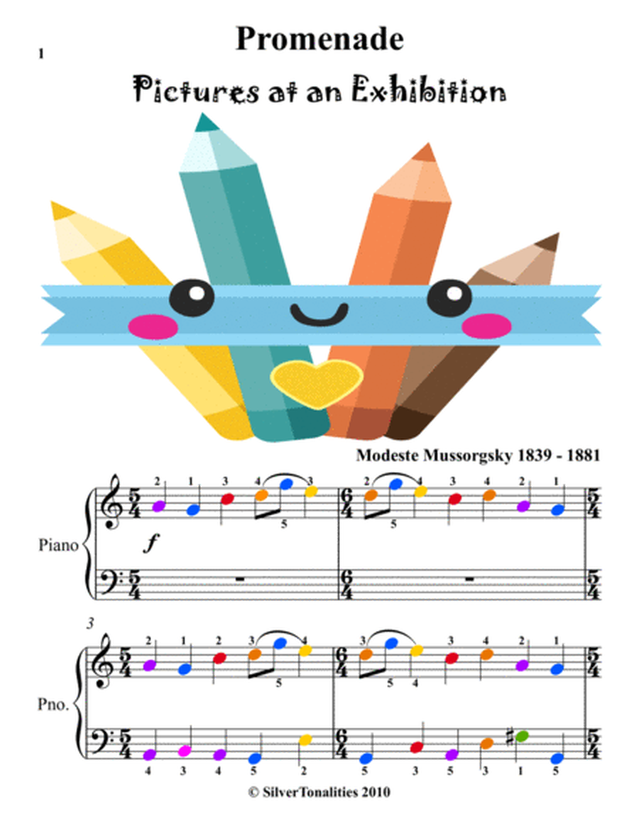 Promenade Pictures at an Exhibition Easy Piano with Colored Notation