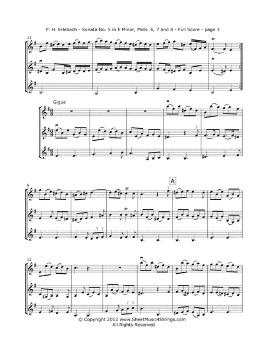 Erlebach, P. - Sonata No. 5 (Mvt. 6) for Three Violins String Trio scores gallery preview page 3