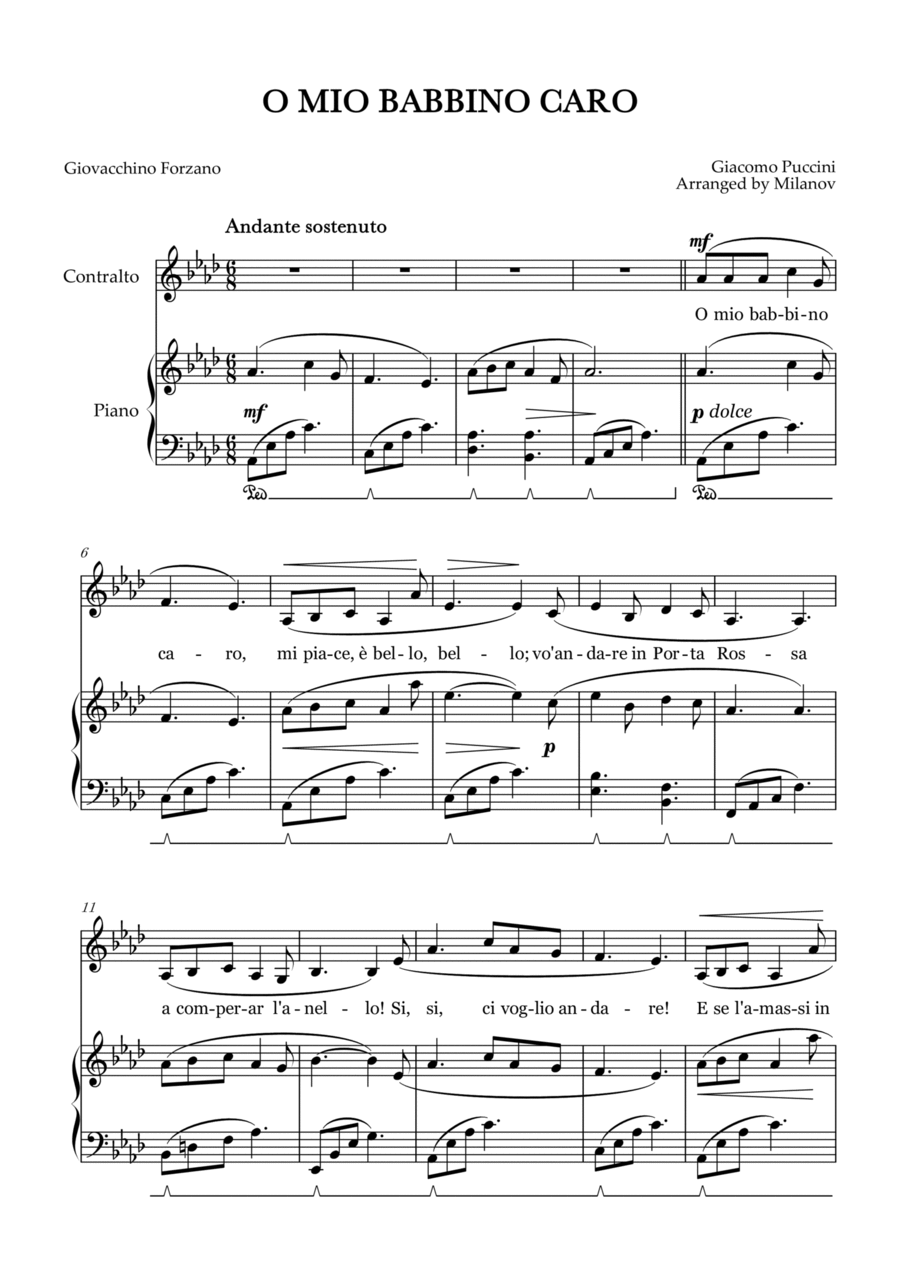 O Mio Babbino Caro | Female Voice Contralto | A-flat Major | Piano accompaniment | Pedal Alto Voice scores gallery preview page 1