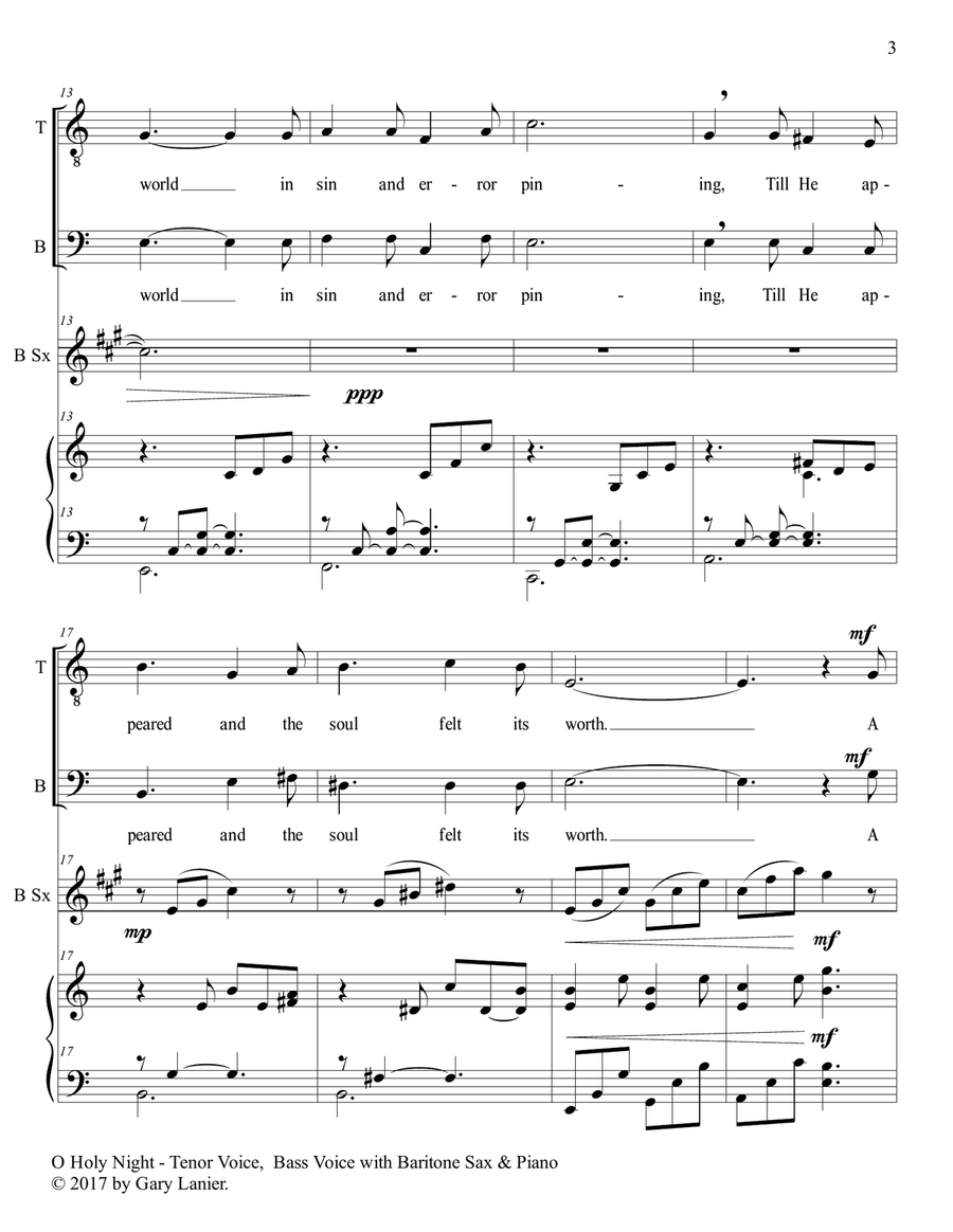 O HOLY NIGHT (Duet - Tenor Voice, Bass Voice with Baritone Sax & Piano - Score & Parts included) Small Ensemble scores gallery preview page 4