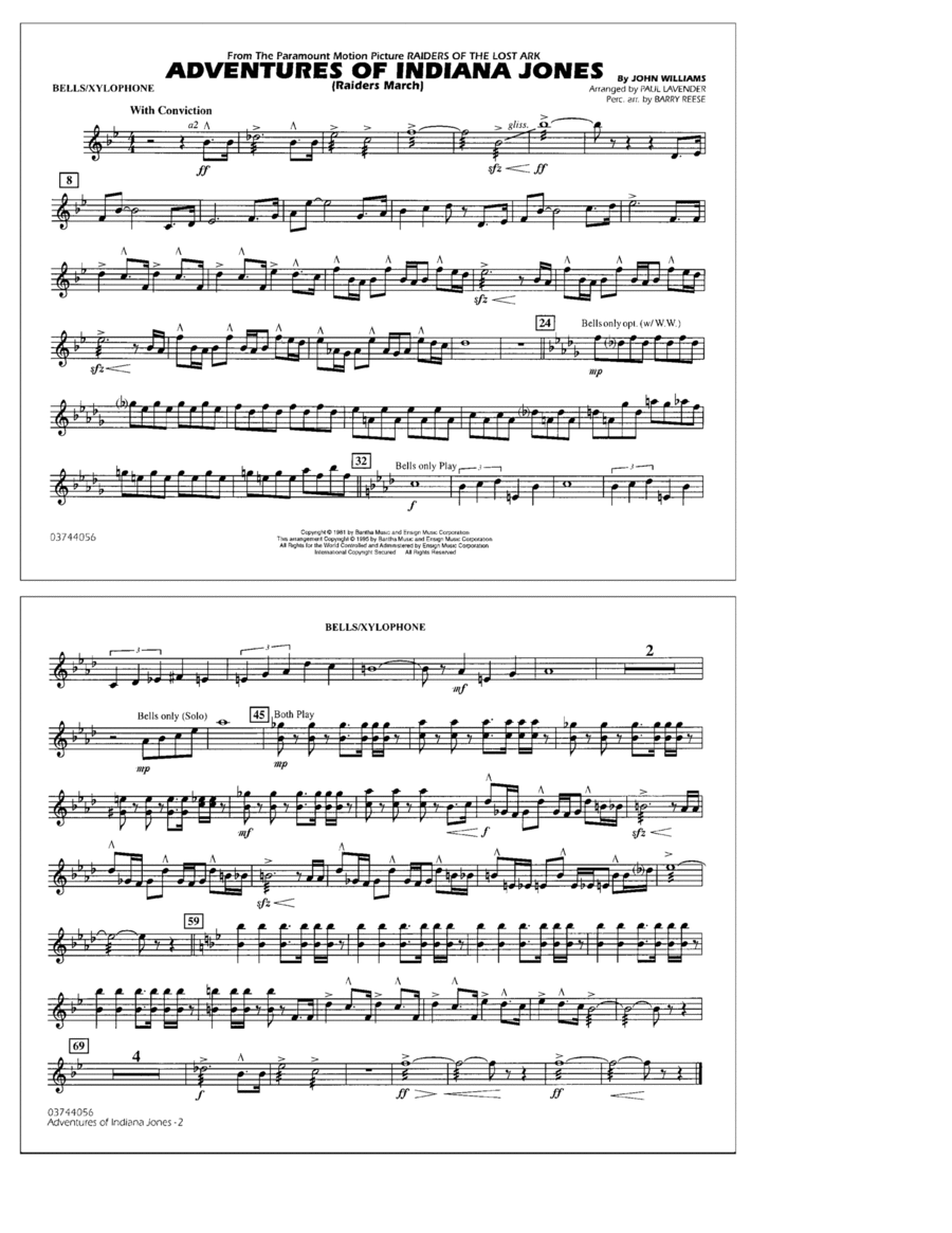 Adventures Of Indiana Jones (Raiders March) (arr. Paul Lavender) - Bells/Xylophone Marching Band scores gallery preview page 1