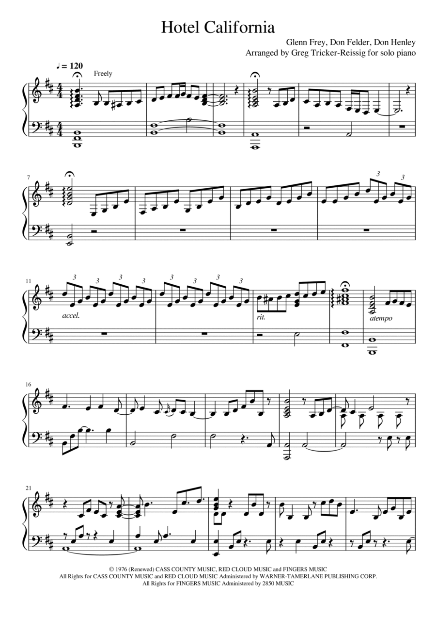 Hotel California Piano Solo scores gallery preview page 1