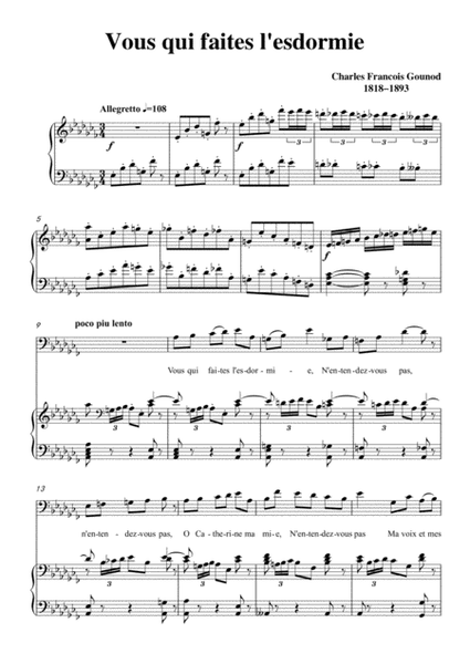 Gounod-Vous qui faites l'esdormie in a flat minor, for Voice and Piano image number null