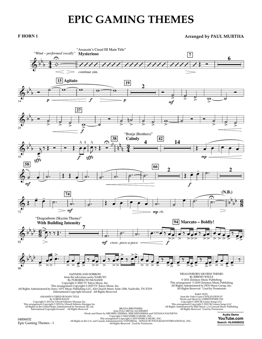Epic Gaming Themes - F Horn 1 Concert Band scores gallery preview page 1