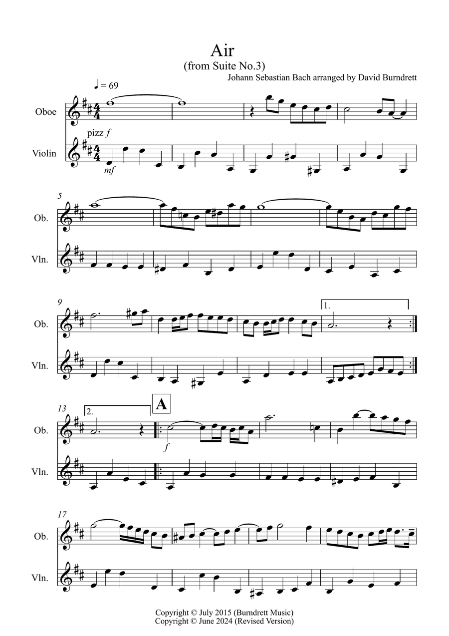 Air on a G String for Oboe and Violin Duet Oboe scores gallery preview page 1