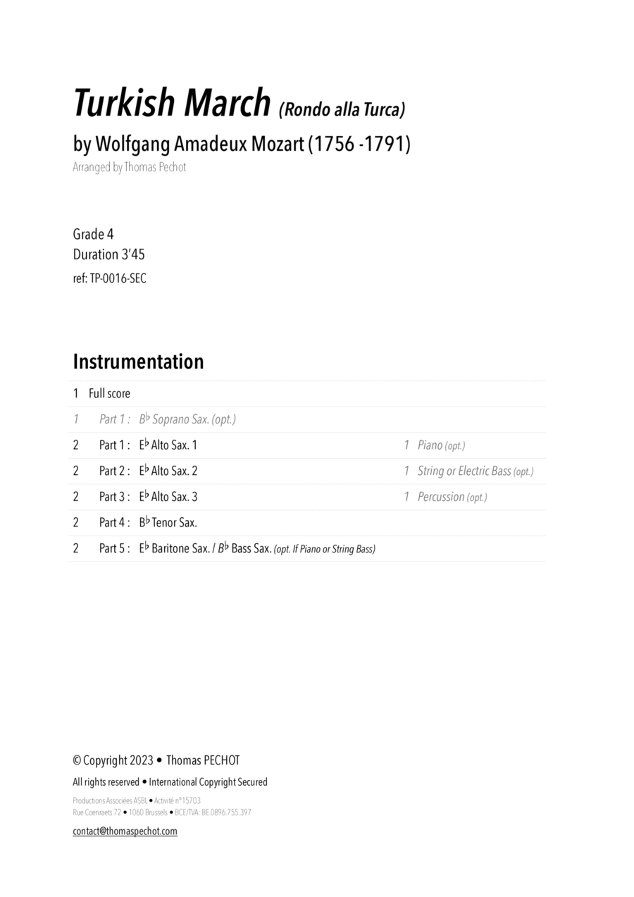 Turkish March (Rondo alla Turca) Woodwind Ensemble scores gallery preview page 1
