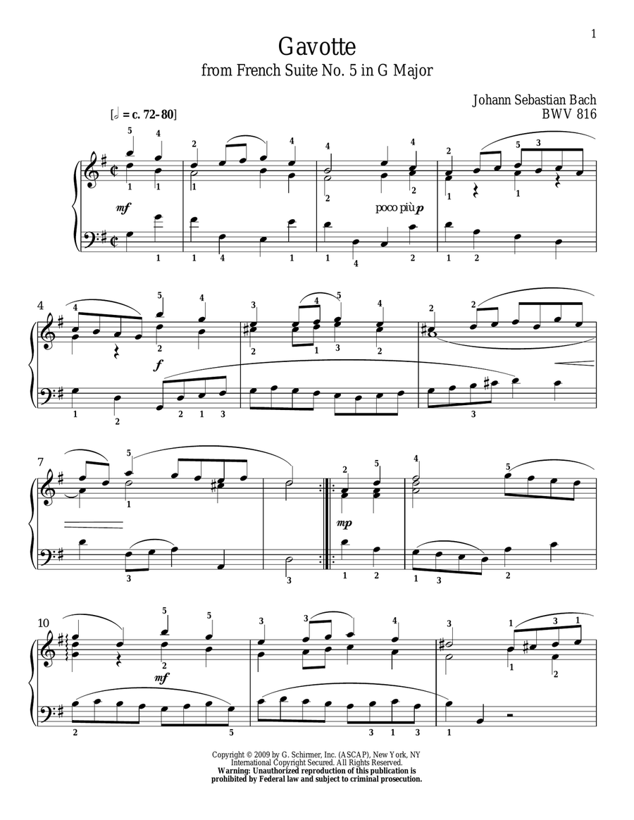 Gavotte, BWV 816 Piano Solo scores gallery preview page 1