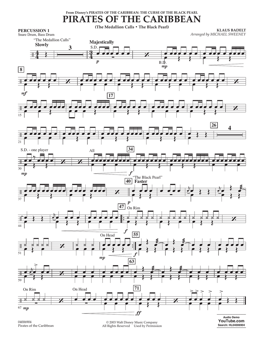 Pirates of the Caribbean from The Curse of the Black Pearl Percussion 1 by Klaus Badelt Concert Band Digital Sheet Music Sheet Music Plus
