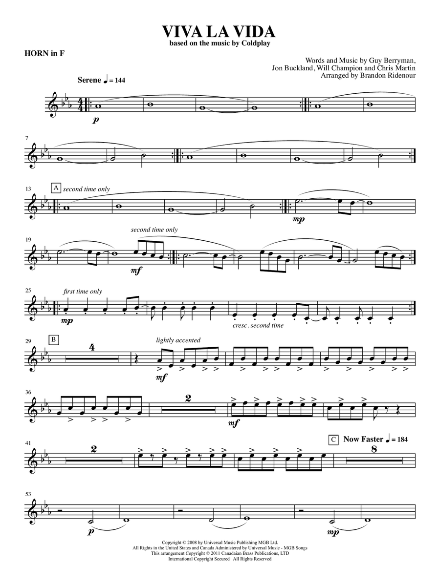 Viva La Vida - F Horn Brass Quintet scores gallery preview page 1