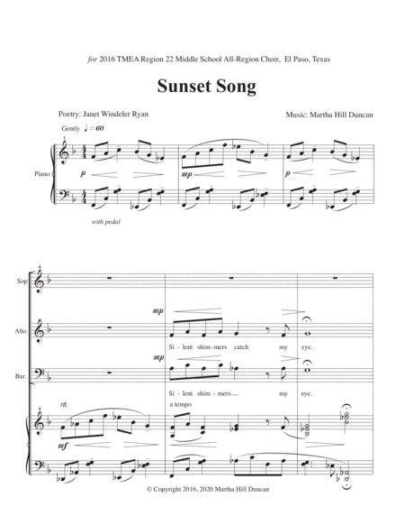 Sunset Song for SAB and piano by Martha Hill Duncan, Poetry by Janet Windeler Ryan
