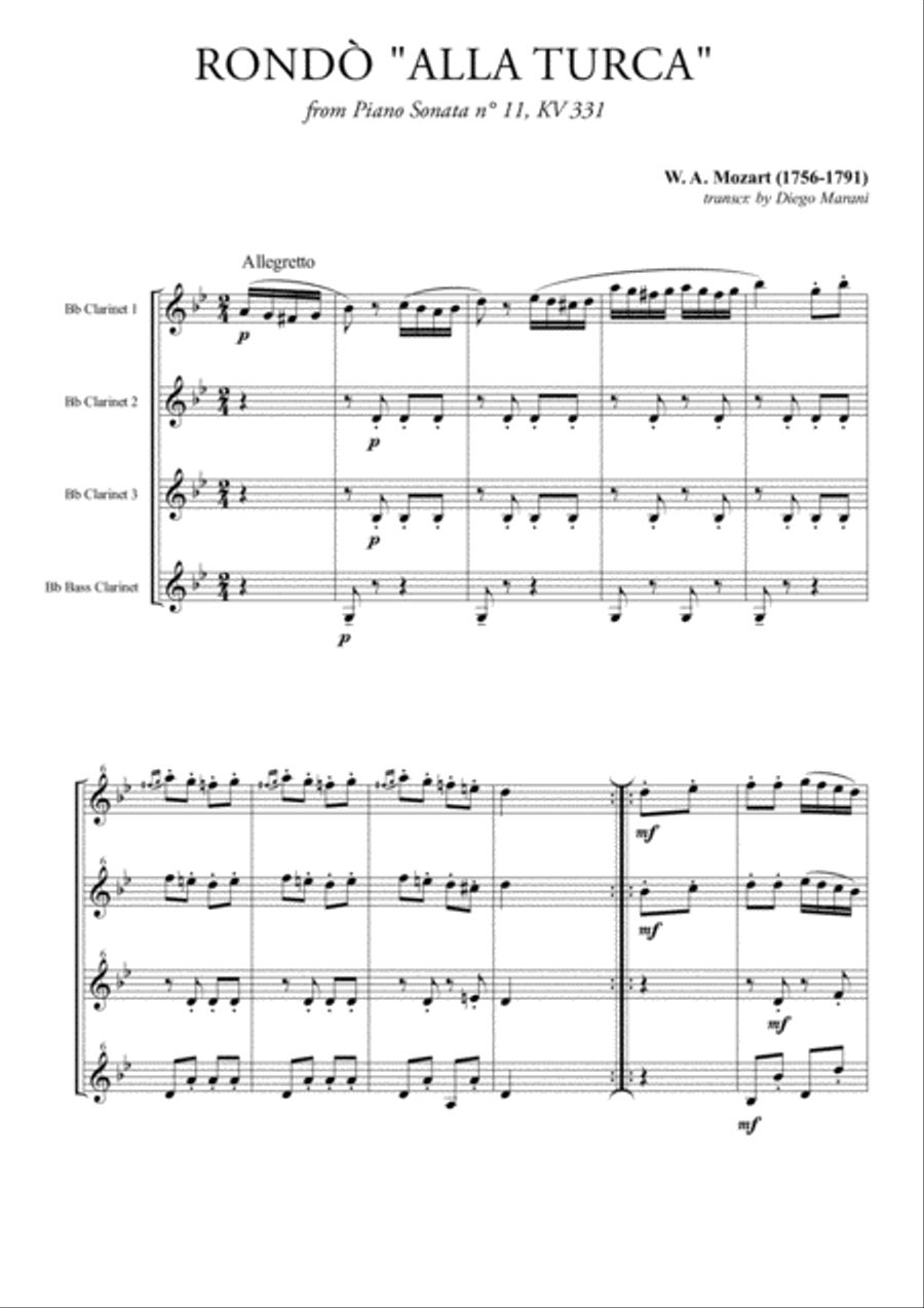Rondò alla Turca (Turkish March) for Clarinet Quartet Clarinet Quartet scores gallery preview page 1